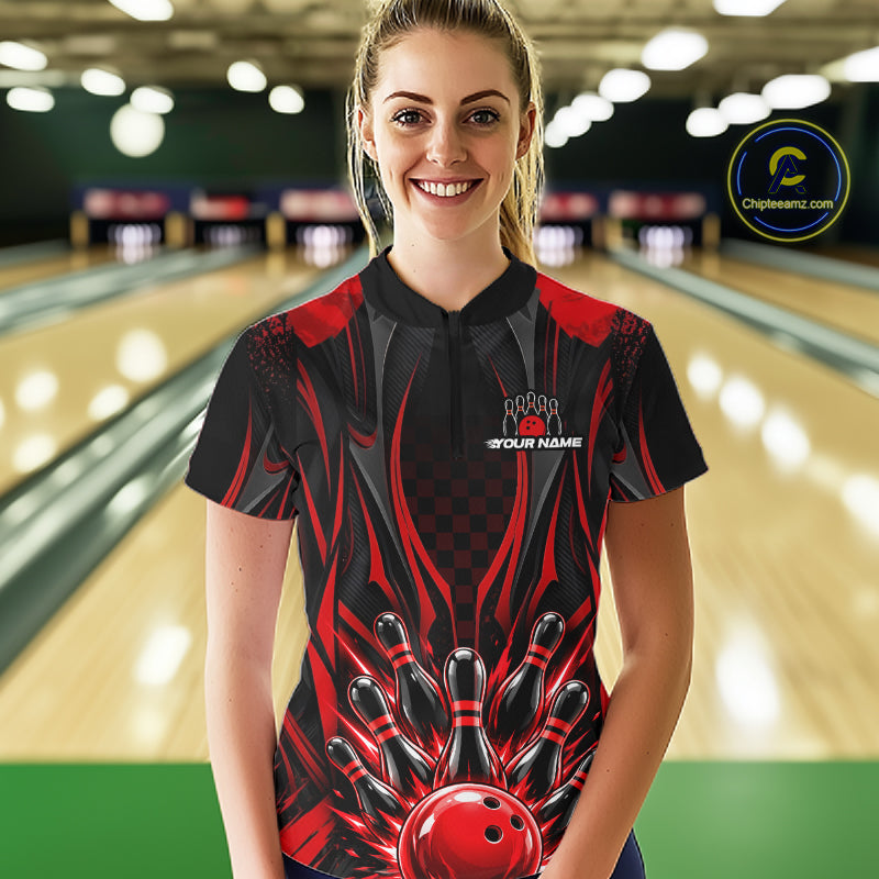 Personalized Red Bowling Shirts Custom Bowling Team Jersey Polo 1/4 Quarter-Zip Bowling Shirts