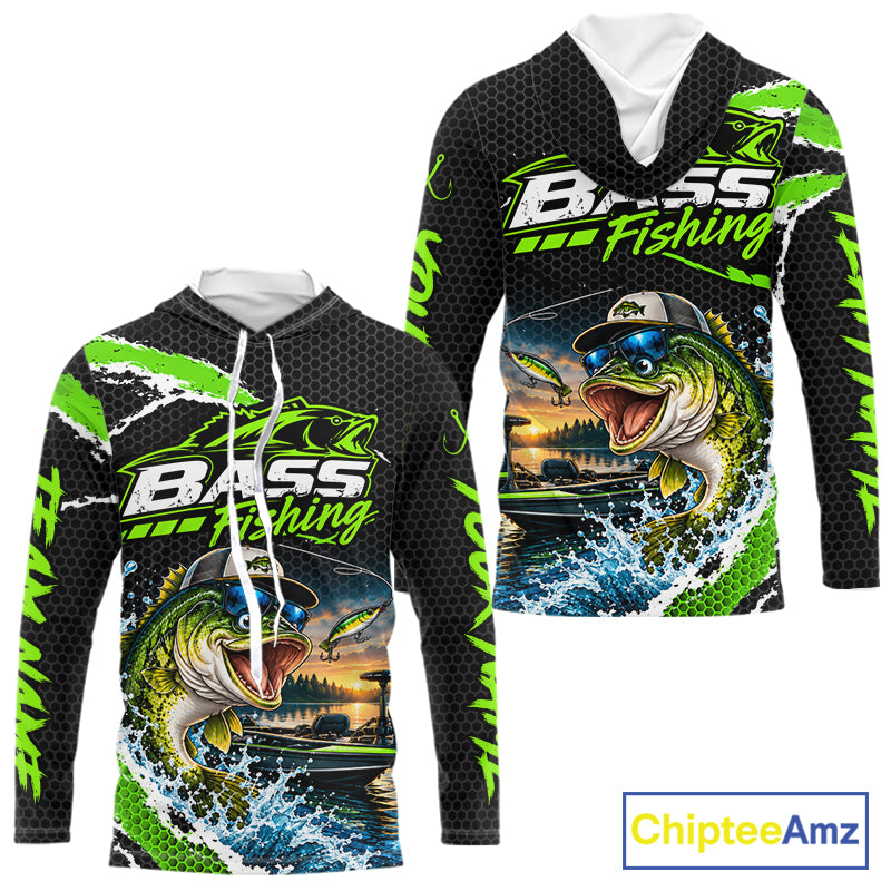 Personalized Green Funny Bass Fishing Sport Jerseys, Bass Fishing Long Sleeve Hooded Tournament Shirts