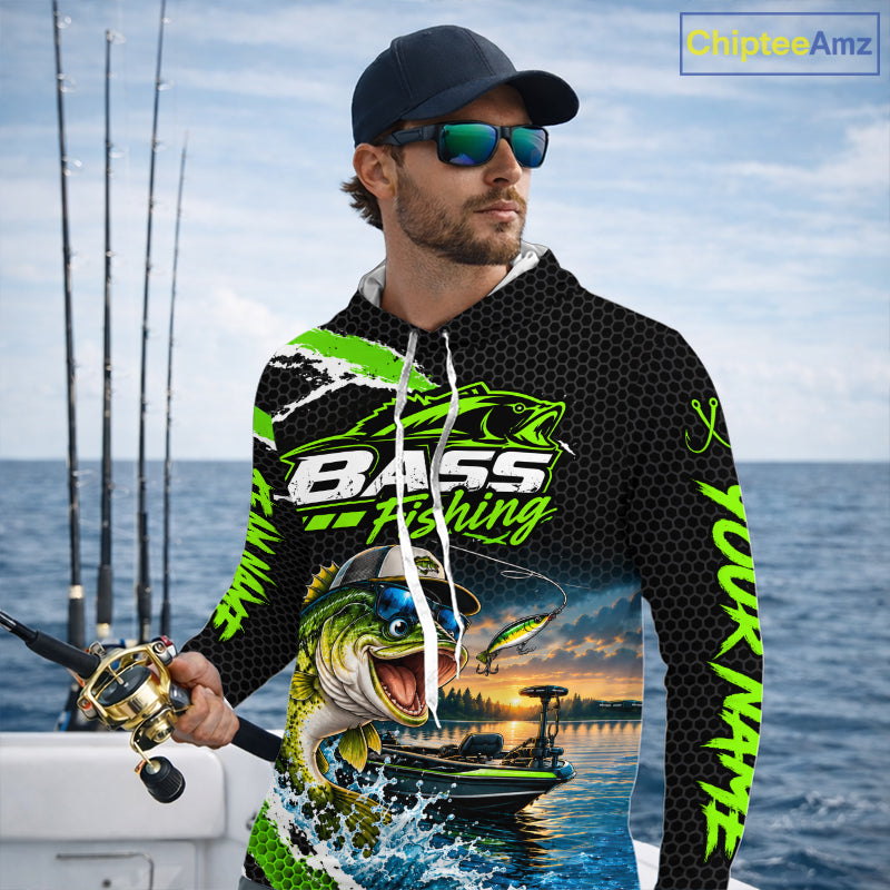 Personalized Green Funny Bass Fishing Sport Jerseys, Bass Fishing Long Sleeve Hooded Tournament Shirts