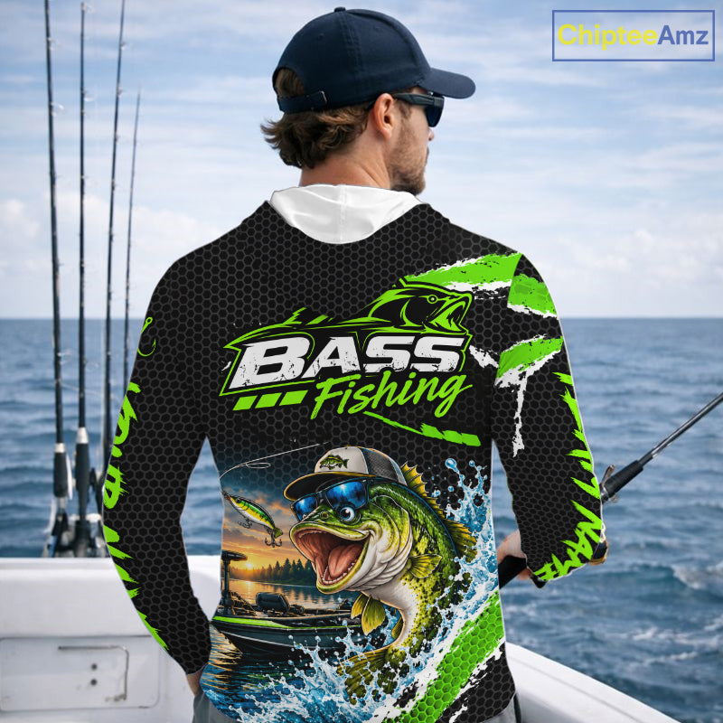 Personalized Green Funny Bass Fishing Sport Jerseys, Bass Fishing Long Sleeve Hooded Tournament Shirts