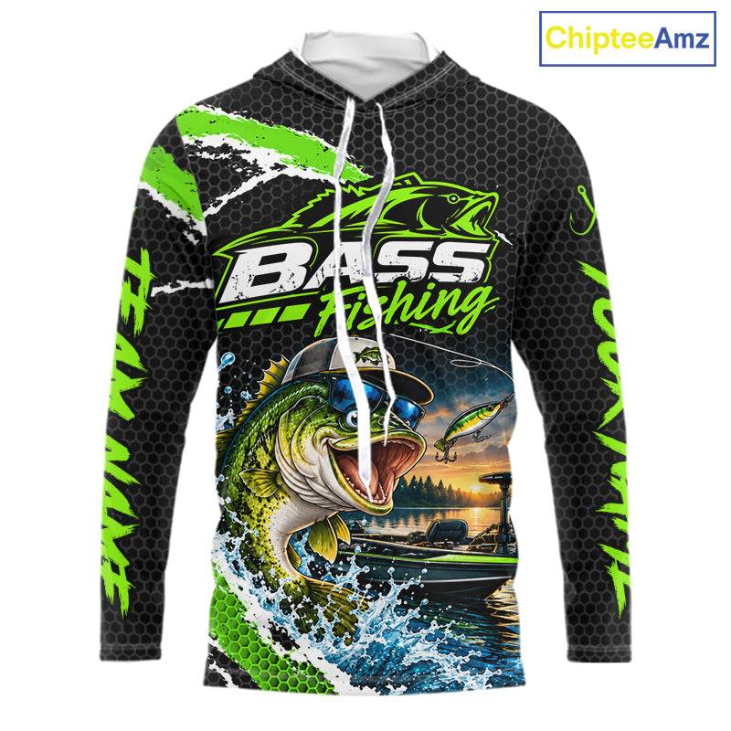 Personalized Green Funny Bass Fishing Sport Jerseys, Bass Fishing Long Sleeve Hooded Tournament Shirts