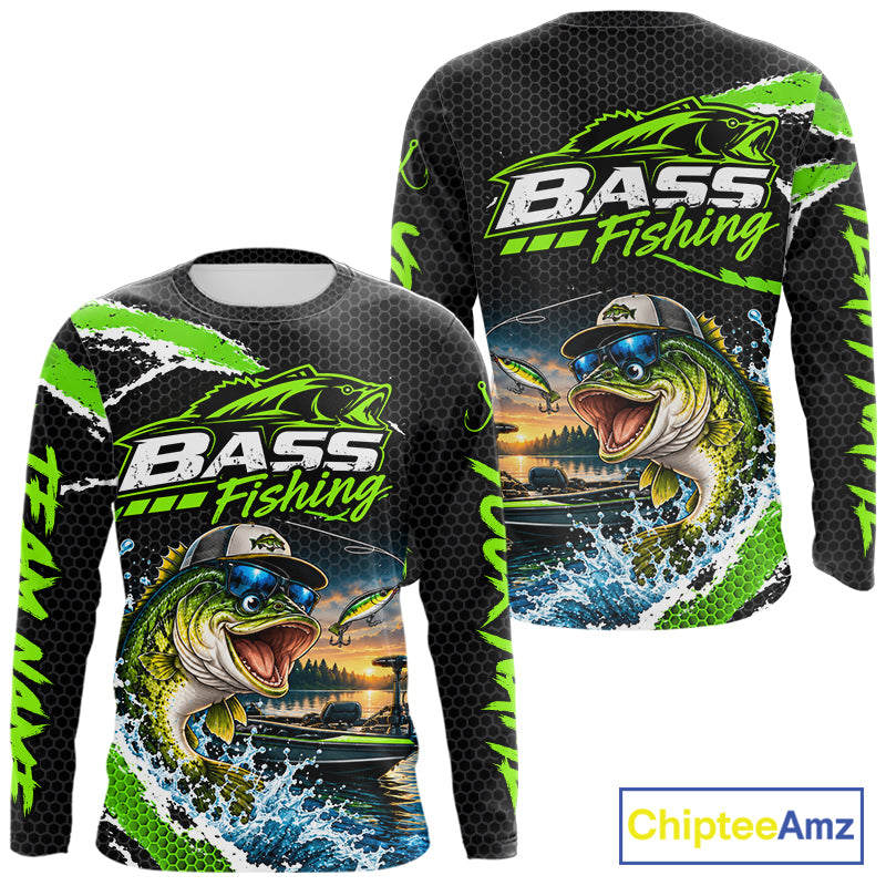 Personalized Green Funny Bass Fishing Sport Jerseys, Bass Fishing Long Sleeve Tournament Shirts