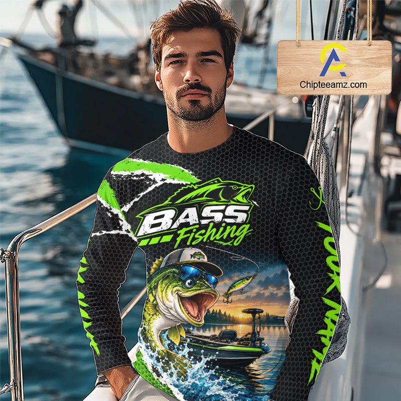 Personalized Green Funny Bass Fishing Sport Jerseys, Bass Fishing Long Sleeve Tournament Shirts