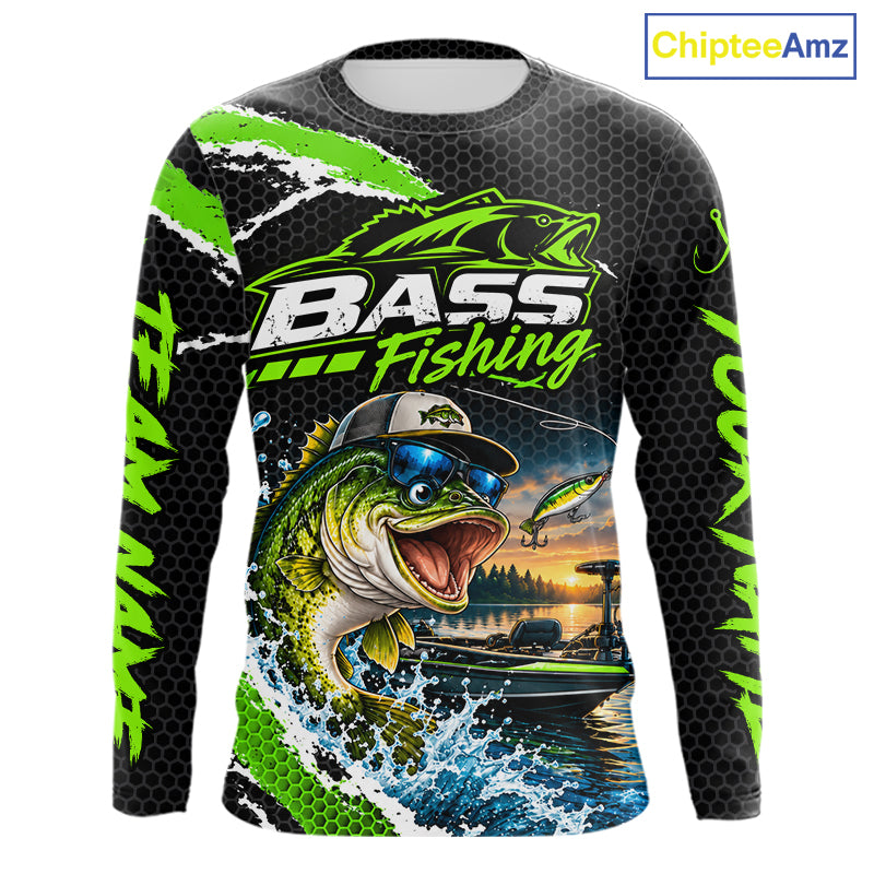 Personalized Green Funny Bass Fishing Sport Jerseys, Bass Fishing Long Sleeve Tournament Shirts