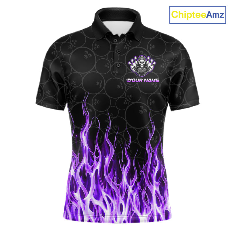 Custom Purple Fire Flame Grim Reaper Skull Bowling polo & 1/4 Quarter Zip Shirt, Halloween Outfit