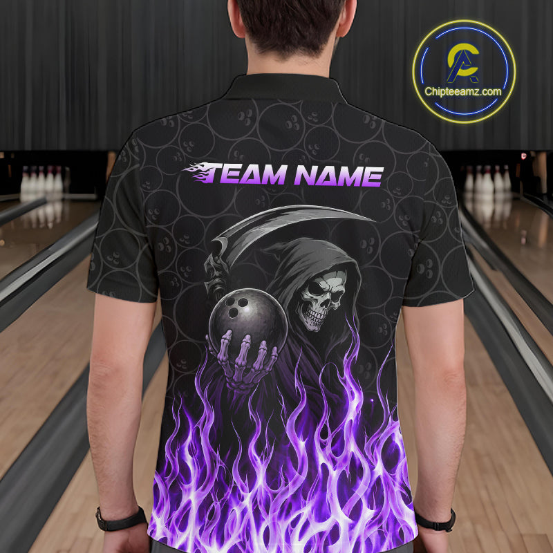 Custom Purple Fire Flame Grim Reaper Skull Bowling polo & 1/4 Quarter Zip Shirt, Halloween Outfit