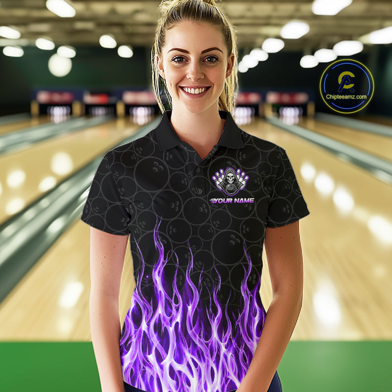 Custom Purple Fire Flame Grim Reaper Skull Bowling polo & 1/4 Quarter Zip Shirt, Halloween Outfit