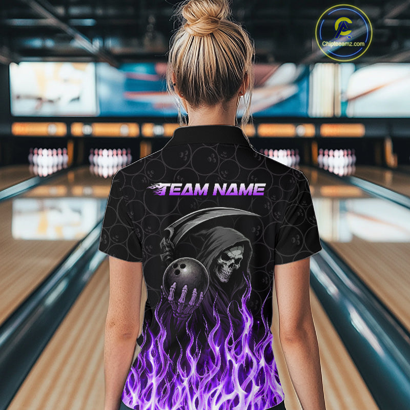 Custom Purple Fire Flame Grim Reaper Skull Bowling polo & 1/4 Quarter Zip Shirt, Halloween Outfit