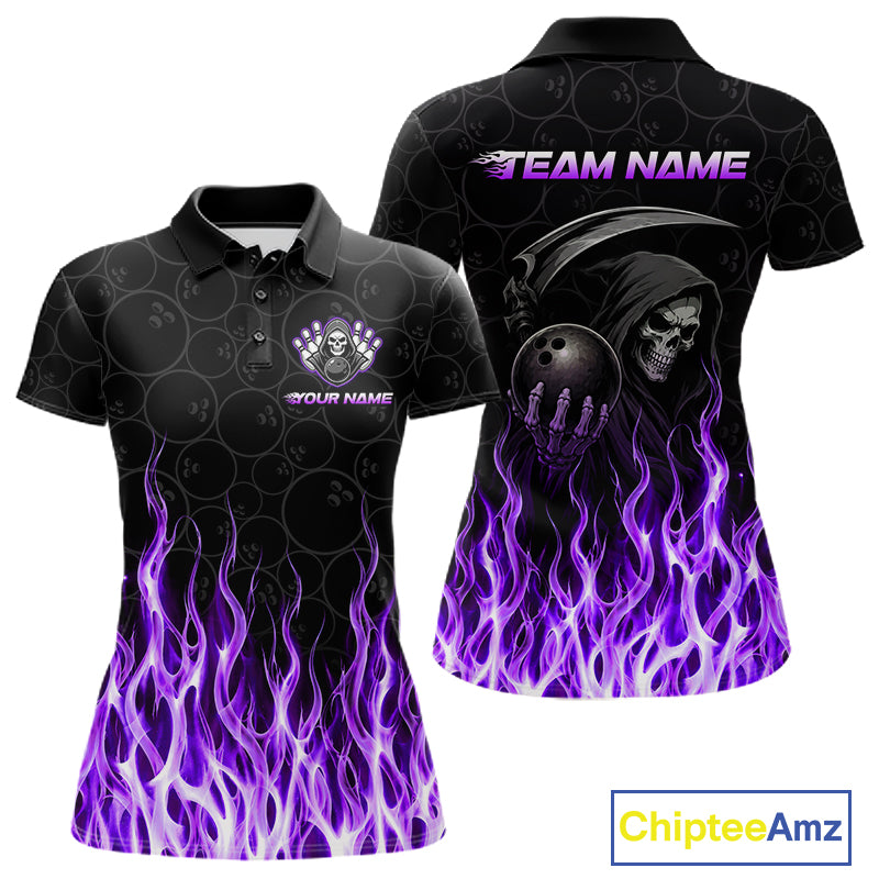 Custom Purple Fire Flame Grim Reaper Skull Bowling polo & 1/4 Quarter Zip Shirt, Halloween Outfit