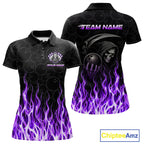 Custom Purple Fire Flame Grim Reaper Skull Bowling polo & 1/4 Quarter Zip Shirt, Halloween Outfit