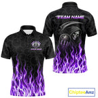 Custom Purple Fire Flame Grim Reaper Skull Bowling polo & 1/4 Quarter Zip Shirt, Halloween Outfit