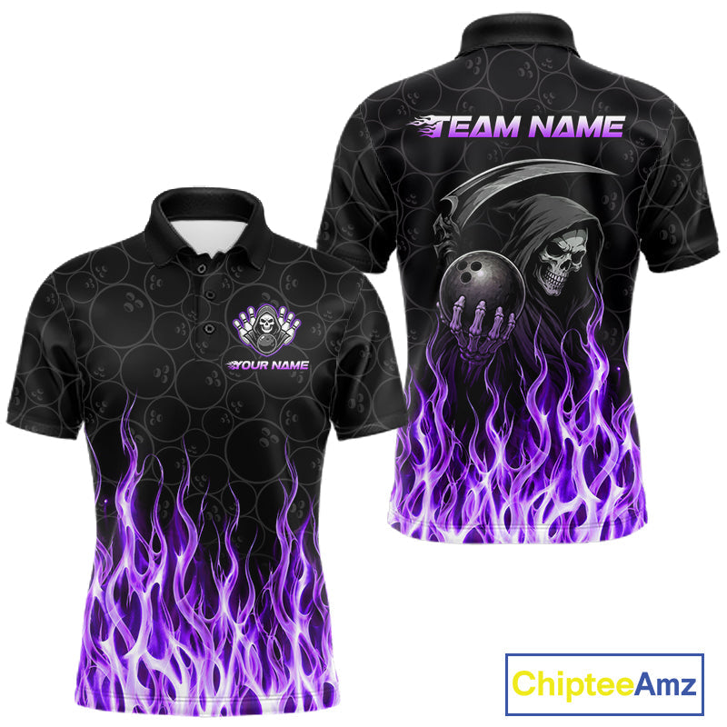 Custom Purple Fire Flame Grim Reaper Skull Bowling polo & 1/4 Quarter Zip Shirt, Halloween Outfit