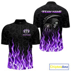 Custom Purple Fire Flame Grim Reaper Skull Bowling polo & 1/4 Quarter Zip Shirt, Halloween Outfit