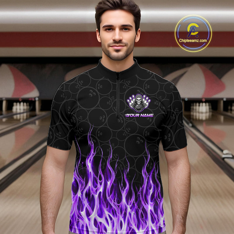 Custom Purple Fire Flame Grim Reaper Skull Bowling polo & 1/4 Quarter Zip Shirt, Halloween Outfit