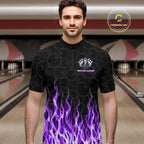 Custom Purple Fire Flame Grim Reaper Skull Bowling polo & 1/4 Quarter Zip Shirt, Halloween Outfit