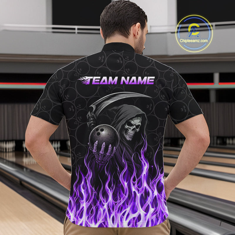 Custom Purple Fire Flame Grim Reaper Skull Bowling polo & 1/4 Quarter Zip Shirt, Halloween Outfit