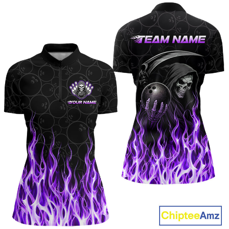 Custom Purple Fire Flame Grim Reaper Skull Bowling polo & 1/4 Quarter Zip Shirt, Halloween Outfit