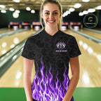 Custom Purple Fire Flame Grim Reaper Skull Bowling polo & 1/4 Quarter Zip Shirt, Halloween Outfit