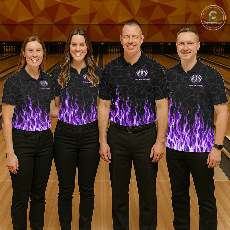 Custom Purple Fire Flame Grim Reaper Skull Bowling polo & 1/4 Quarter Zip Shirt, Halloween Outfit