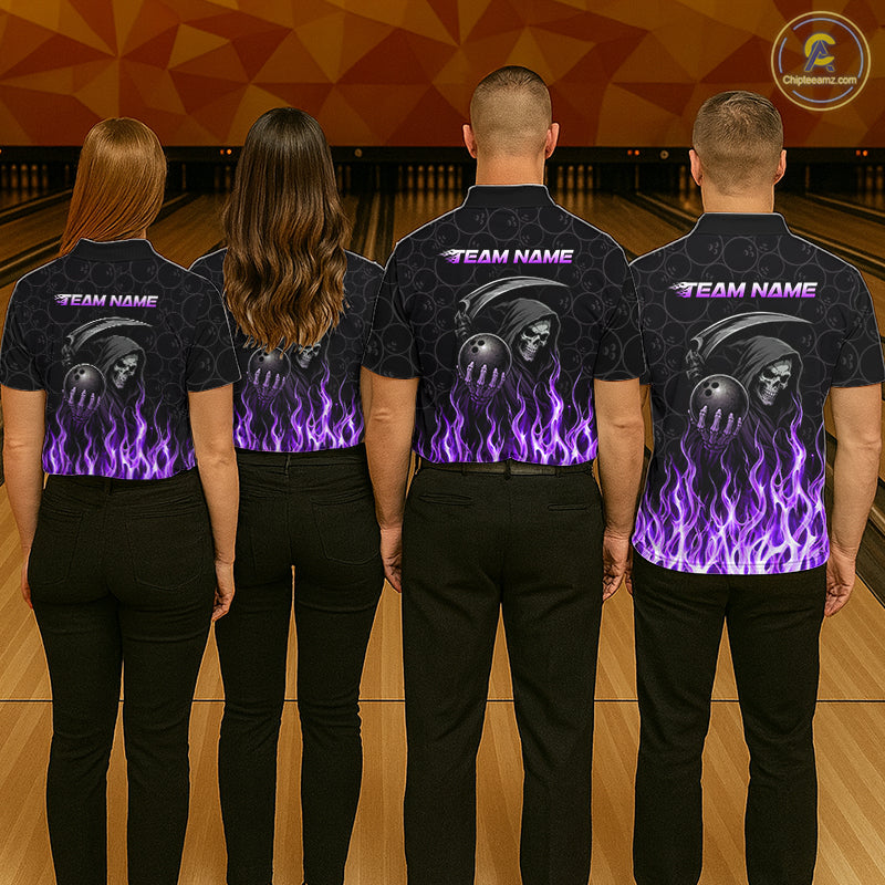 Custom Purple Fire Flame Grim Reaper Skull Bowling polo & 1/4 Quarter Zip Shirt, Halloween Outfit