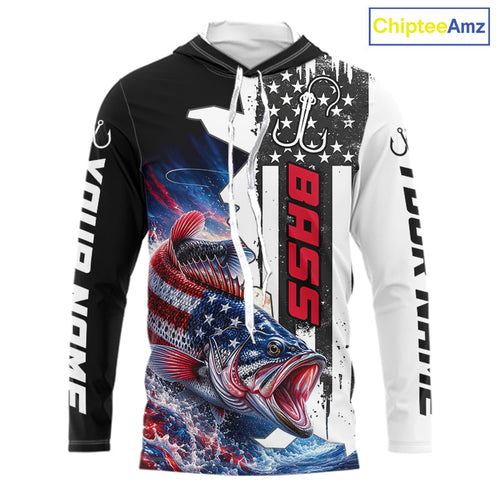 Custom American Flag Bass Long Sleeve Hooded Fishing Shirts, Patriotic Black Camo Bass Team Fishing Jerseys