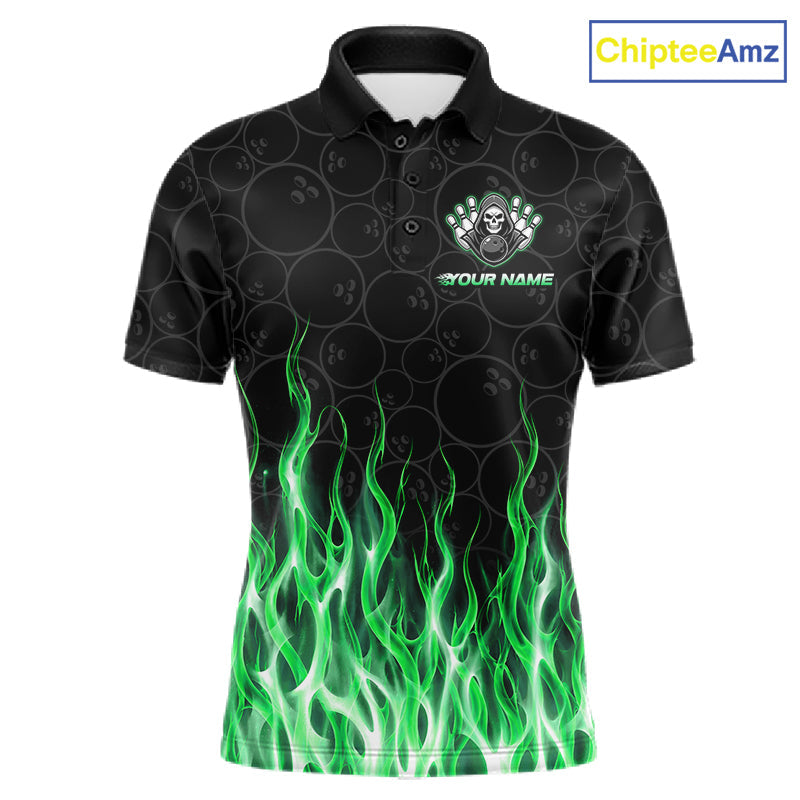 Custom Green Fire Flame Grim Reaper Skull Bowling Polo & 1/4 Quarter Zip Shirt, Halloween Outfit