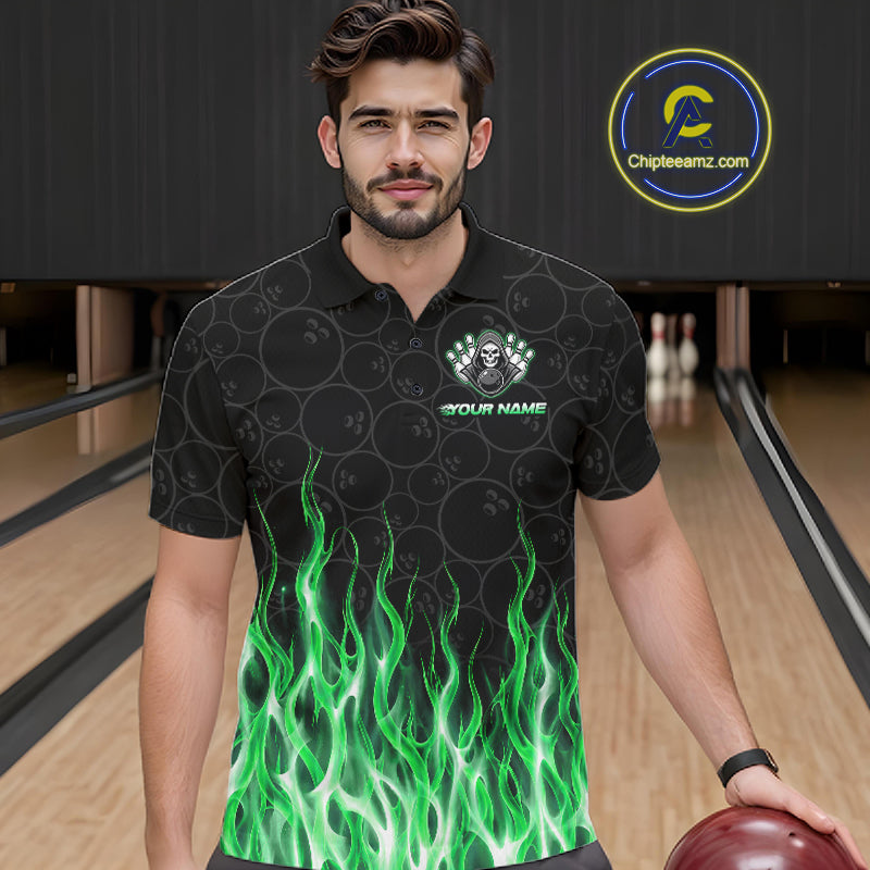 Custom Green Fire Flame Grim Reaper Skull Bowling Polo & 1/4 Quarter Zip Shirt, Halloween Outfit