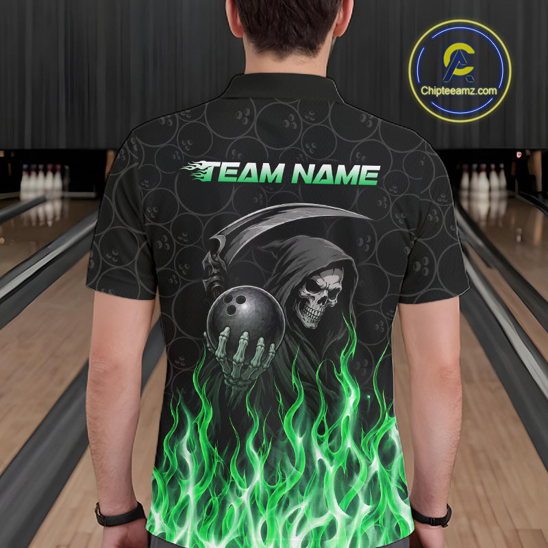 Custom Green Fire Flame Grim Reaper Skull Bowling Polo & 1/4 Quarter Zip Shirt, Halloween Outfit