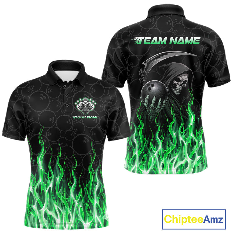 Custom Green Fire Flame Grim Reaper Skull Bowling Polo & 1/4 Quarter Zip Shirt, Halloween Outfit