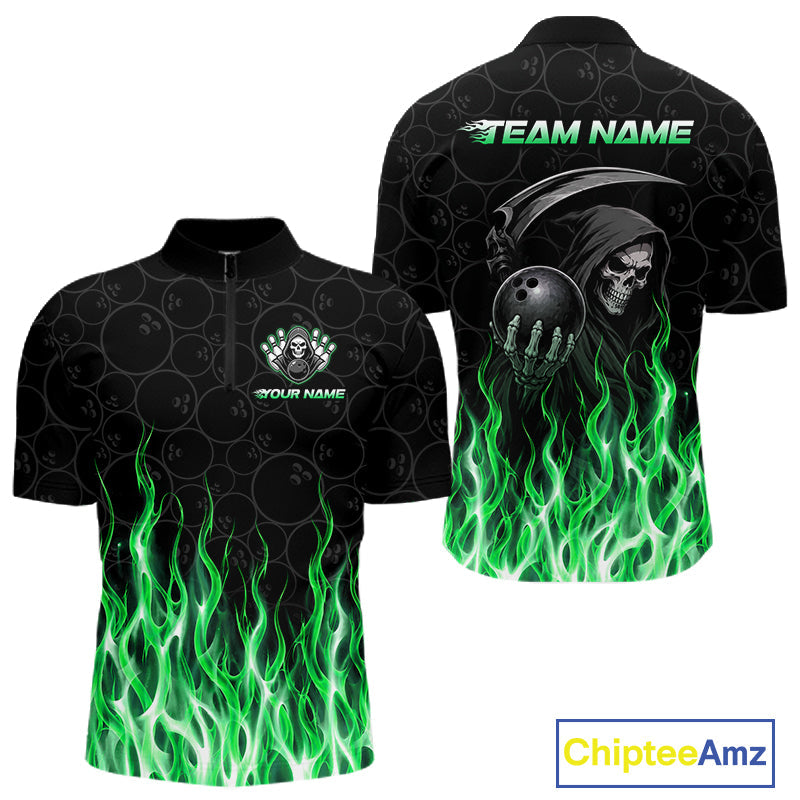 Custom Green Fire Flame Grim Reaper Skull Bowling Polo & 1/4 Quarter Zip Shirt, Halloween Outfit