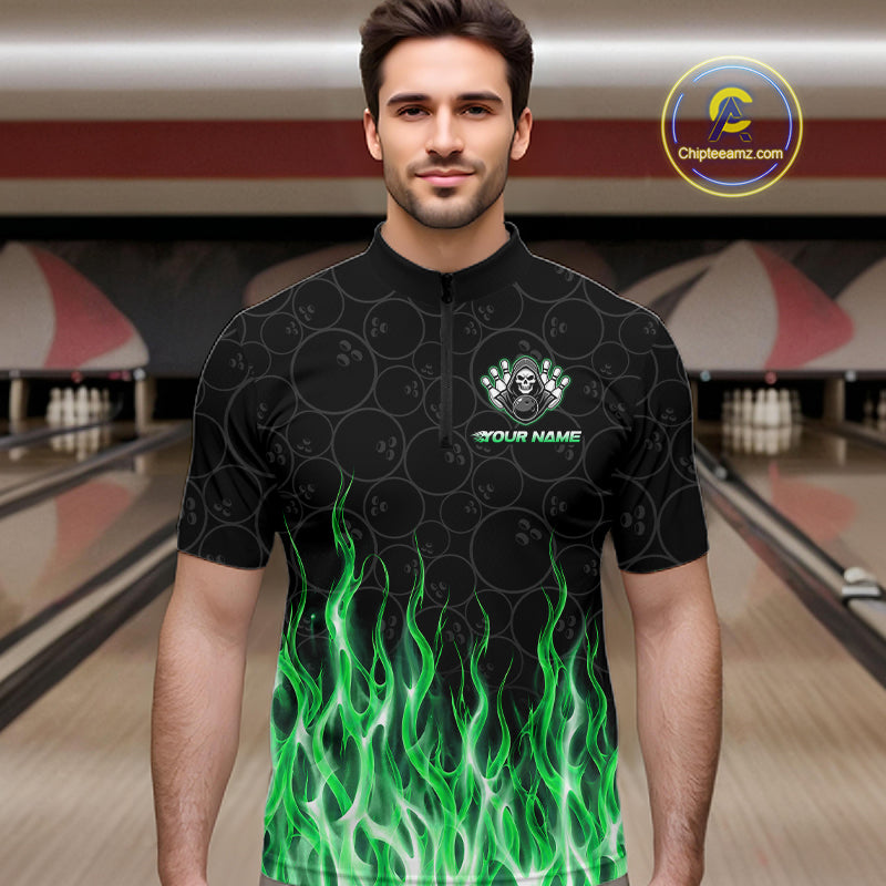 Custom Green Fire Flame Grim Reaper Skull Bowling Polo & 1/4 Quarter Zip Shirt, Halloween Outfit