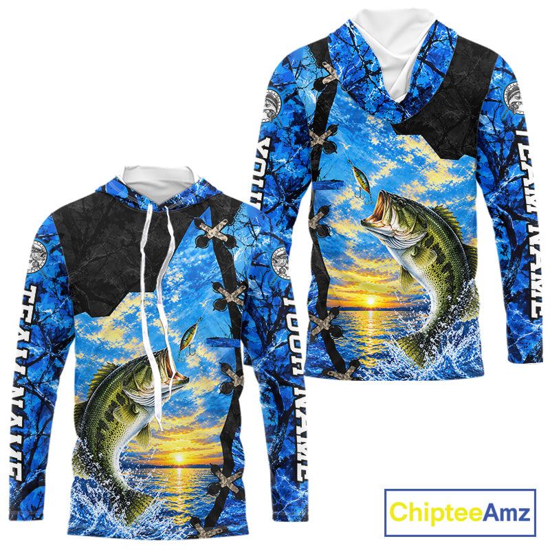 Custom Name Blue Camo Bass Fishing Jerseys, Largemouth Bass Long Sleeve Hooded Fishing Shirt