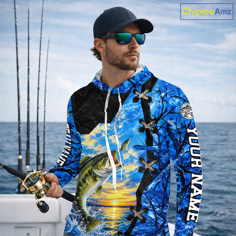 Custom Name Blue Camo Bass Fishing Jerseys, Largemouth Bass Long Sleeve Hooded Fishing Shirt