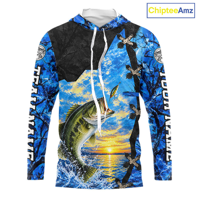 Custom Name Blue Camo Bass Fishing Jerseys, Largemouth Bass Long Sleeve Hooded Fishing Shirt