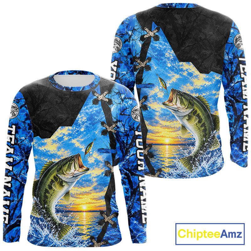 Custom Name Blue Camo Bass Fishing Jerseys, Largemouth Bass Long Sleeve Fishing Shirt