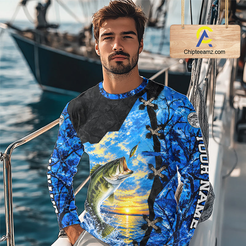 Custom Name Blue Camo Bass Fishing Jerseys, Largemouth Bass Long Sleeve Fishing Shirt