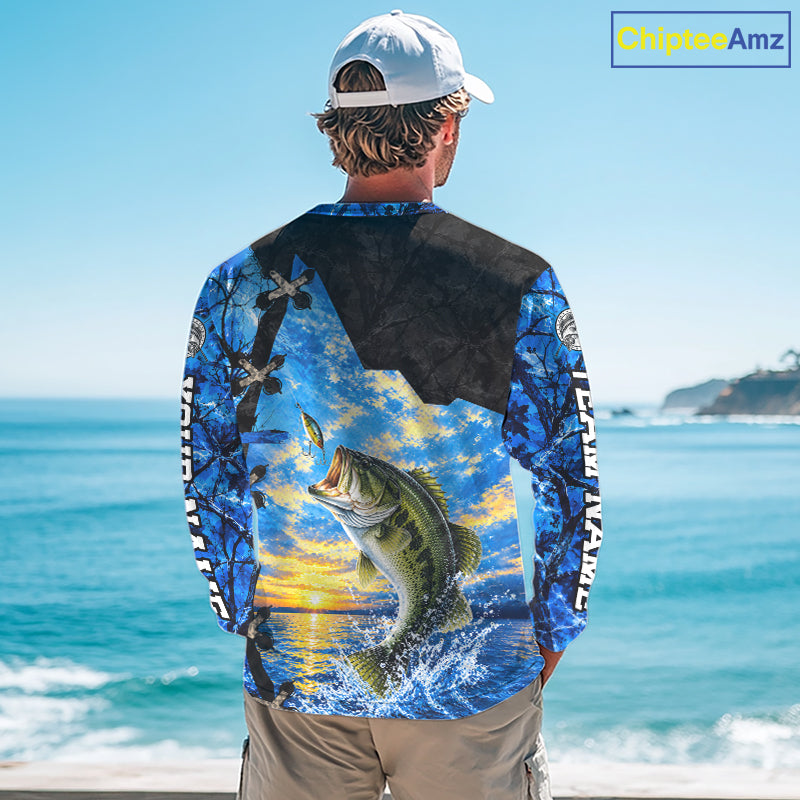 Custom Name Blue Camo Bass Fishing Jerseys, Largemouth Bass Long Sleeve Fishing Shirt