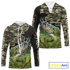 Personalized Green Camouflage Design Largemouth Bass Long Sleeve Hooded Fishing Shirts, Bass Fishing Jerseys