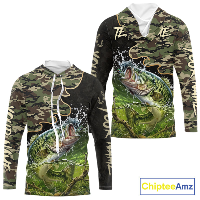 Personalized Green Camouflage Design Largemouth Bass Long Sleeve Hooded Fishing Shirts, Bass Fishing Jerseys
