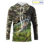 Personalized Green Camouflage Design Largemouth Bass Long Sleeve Hooded Fishing Shirts, Bass Fishing Jerseys