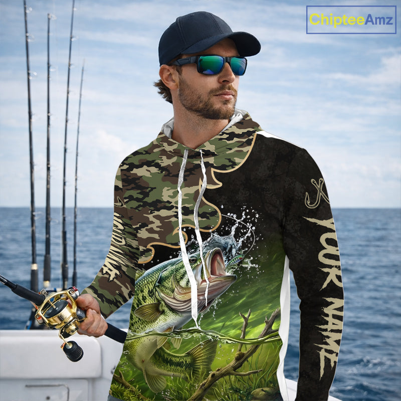 Personalized Green Camouflage Design Largemouth Bass Long Sleeve Hooded Fishing Shirts, Bass Fishing Jerseys