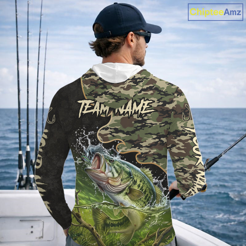 Personalized Green Camouflage Design Largemouth Bass Long Sleeve Hooded Fishing Shirts, Bass Fishing Jerseys