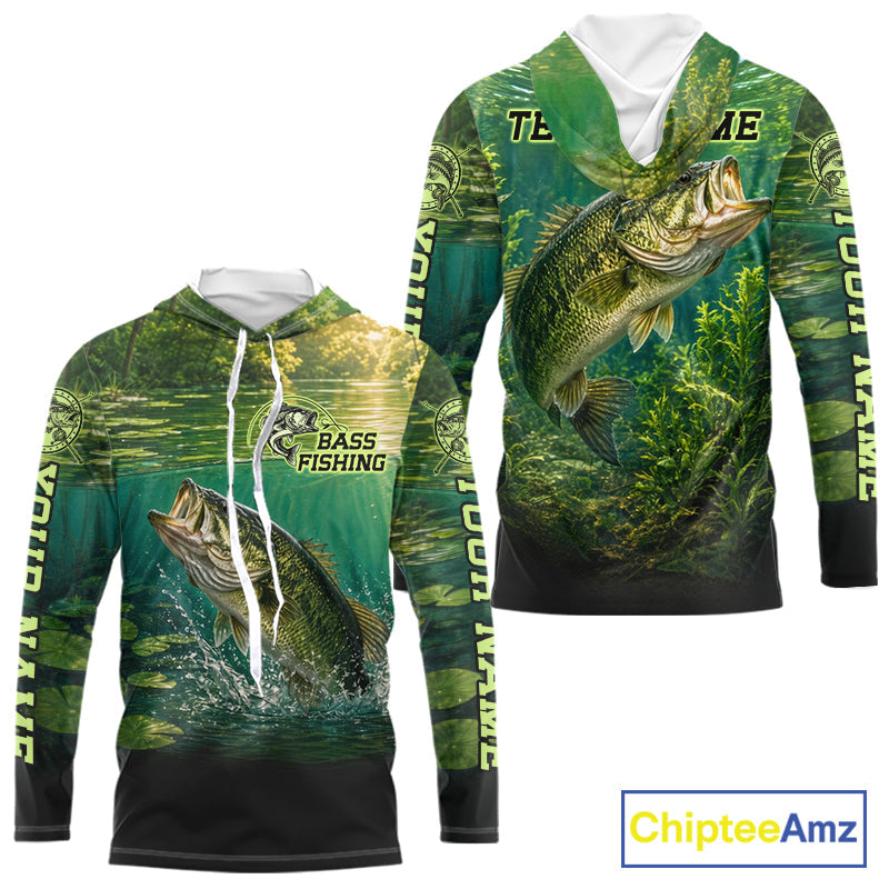 Bass Fishing Custom Long Sleeve Hooded Fishing Shirts Personalized Fishing Gift, Bass Fishing Jersey