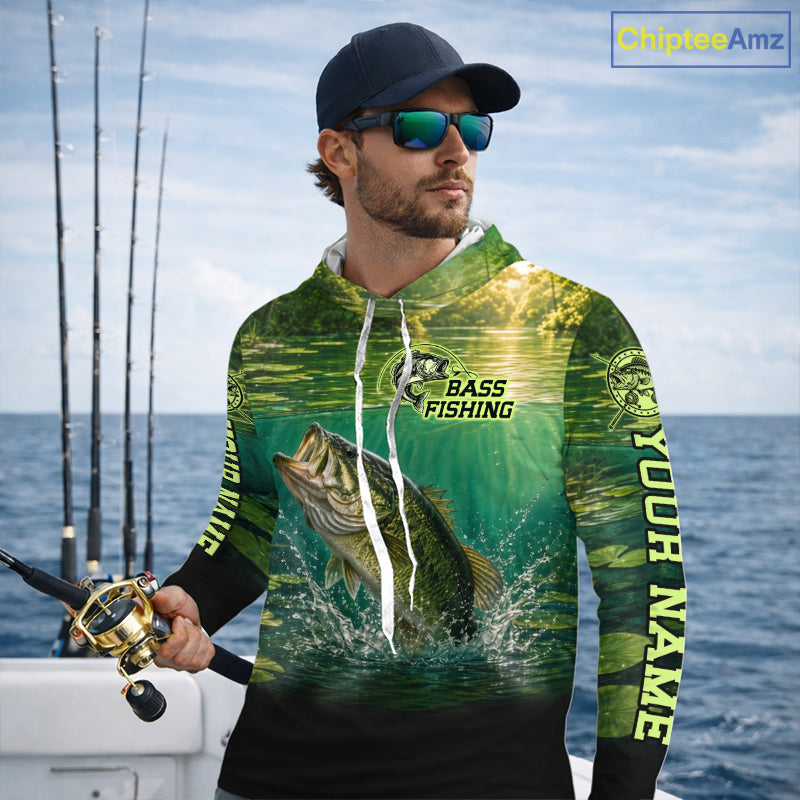 Bass Fishing Custom Long Sleeve Hooded Fishing Shirts Personalized Fishing Gift, Bass Fishing Jersey