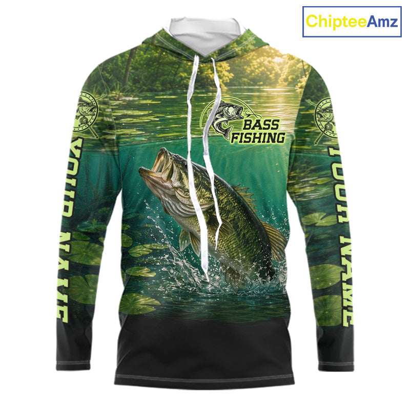 Bass Fishing Custom Long Sleeve Hooded Fishing Shirts Personalized Fishing Gift, Bass Fishing Jersey