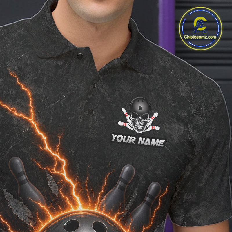 Custom Orange Thunder Lightning Skull Bowling Shirt Bowling League Jersey Bowling Gifts