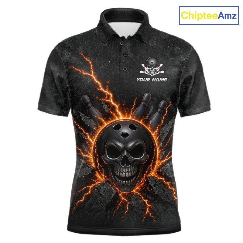 Custom Orange Thunder Lightning Skull Bowling Shirt Bowling League Jersey Bowling Gifts