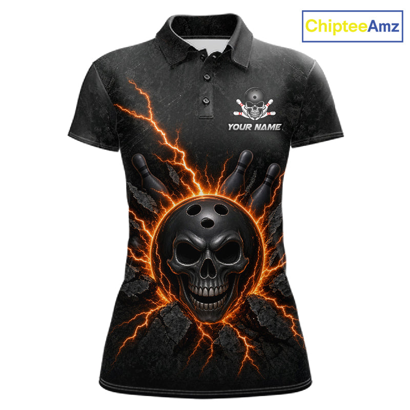 Custom Orange Thunder Lightning Skull Bowling Shirt Bowling Jersey League Bowling Gifts