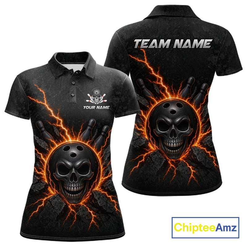 Custom Orange Thunder Lightning Skull Bowling Shirt Bowling Jersey League Bowling Gifts