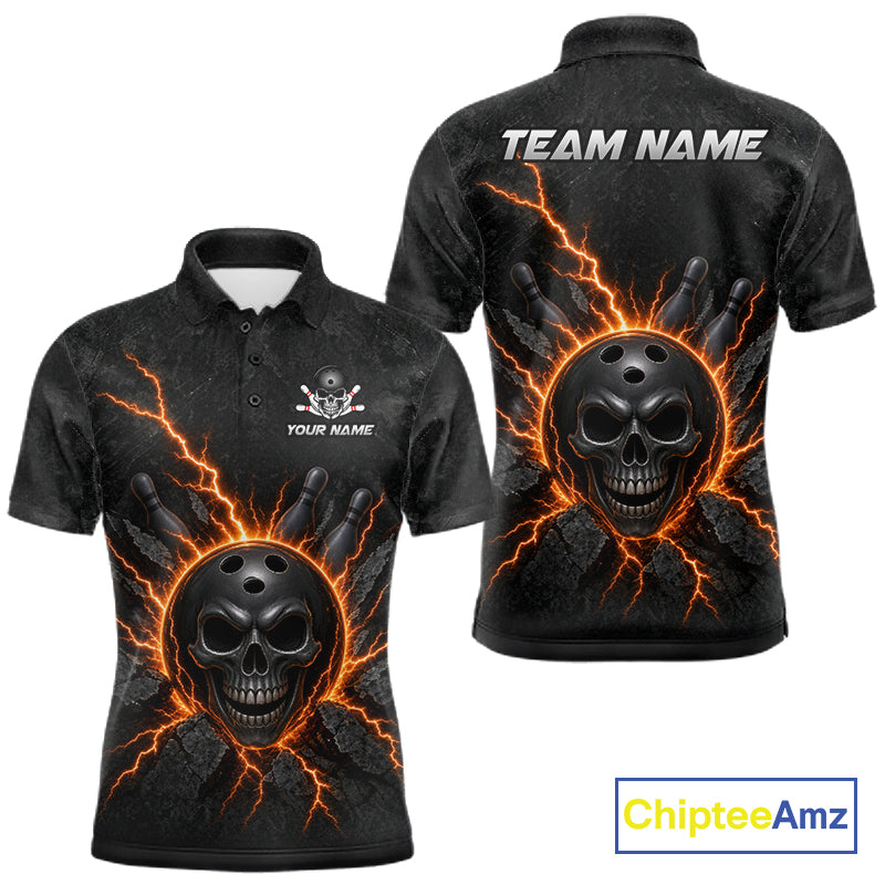Custom Orange Thunder Lightning Skull Bowling Shirt Bowling League Jersey Bowling Gifts